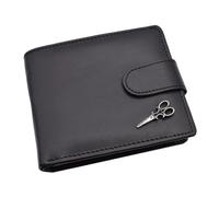 Personalised with a Message, English Pewter Scissors Barbers Tailors Design Black Leather Bi-Fold Wallet, Presented in a Gift Bag