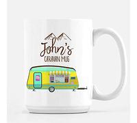 Personalised with Any Name Caravan Novelty Mug, 15 oz Unique Ceramic Cup/Mug, Present for Him or Her, Happy Campers, Friend, Family, Birthday, Vacation, Holiday. (White)