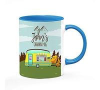 Personalised with Any Name Caravan Novelty Mug, Unique Ceramic Inside Coloured Mug, Present for Him or Her, Happy Campers, Friend, Family, Birthday, Vacation, Holiday. (Blue)