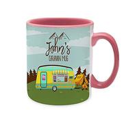 Personalised with Any Name Caravan Novelty Mug, Unique Ceramic Inside Coloured Mug, Present for Him or Her, Happy Campers, Friend, Family, Birthday, Vacation, Holiday. (Pink)