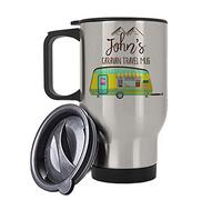 Personalised with Any Name Caravan Silver/White Insulated 14 oz Travel Tea/Coffee Mug, Present for Him or Her, Happy Campers, Friend, Family, Birthday, Vacation, Holiday. (Silver)