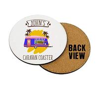 Personalised with Any Name Caravan Tableware, Coffee/Tea/Drink Coaster, Present for Him or Her, Happy Campers, Friend, Family, Birthday, Vacation, Holiday. (Round Shaped Coaster)