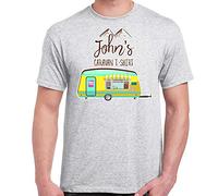 Personalised with Any Name Caravan White/Black/ASH Colour Men Short Sleeve Cotton T-Shirt, Present for Him, Happy Campers, Friend, Family, Birthday, Vacation, Holiday. (ASH, M)