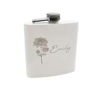 Personalised with First Name, White 6oz Stainless Steel Hip Flask with November Birthday Chrysanthemum Flower Design, Includes Funnel, Gift Box, 11cm x 9.5cm x 2.1cm