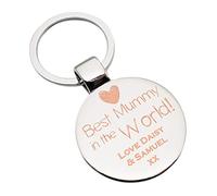 Personalised with Names Best Mummy in the World, Mothers Day Design Engraved Round Keyring Presented in an Organza Bag