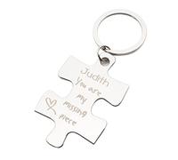 Personalised with Names You are my Missing Piece Design Engraved Silver Jigsaw Keyring in a Black Velvet Pouch