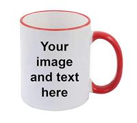Personalised with Your own Image and Text Themed Funny 11 oz Ceramic Mug - Christmas Anniversary, Birthday, Teacher Gift. (Red Rim and Handle)