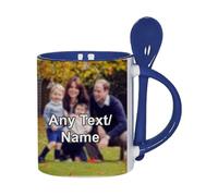 Personalised with Your own Text/Image/Any Name Mug with Spoon - Colour Inside Coffee Cup - Gift for Him, Her, Friends, Family. (Navy Blue)