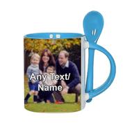 Personalised with Your own Text/Image/Any Name Mug with Spoon - Colour Inside Coffee Cup - Gift for Him, Her, Friends, Family. (Blue)