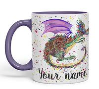 Personalised with Your Text Mythical Dragon Lizard Reptile Watercolour Art Coloured Ceramic Mug Cup Gift 330ml 11oz Custom Work Office Tea Coffee (Purple)
