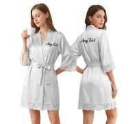 Personalised Women Silk Nightgowns with Embroidery Logo Text, Personalised Bridesmaid Robes, Satin Dressing Gown Lace Trim for Women, Mother’s Day Valentine’s Day Gift, S-XL (White)