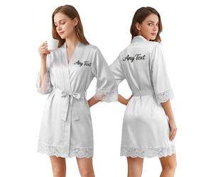 Personalised Women Silk Nightgowns with Embroidery Logo Text, Personalised Bridesmaid Robes, Satin Dressing Gown Lace Trim for Women, Mother’s Day Valentine’s Day Gift, S-XL (White)