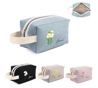 Personalised Women's Cosmetic Bag Large Capacity Make Up Bag with Name and Birthday Flower Engraving Wash Bag with Zip (A)