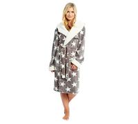 Personalised Womens Ladies Dressing Gown Star Printed Fleece Soft Hooded Robe (Grey, 16-18)