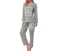 Personalised Women's Pyjama Sets Custom 2 Piece Pjs Outfits Ladies Design Your Own Loungewear Novelty Any Text Photo Logo V Neck Long Sleeve Sleepwear Customized Valentines Pyjamas Women