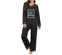 Personalised Womens Pyjamas Set Custom 2 Piece Outfits Design Your Own Loungewear Sets Novelty Pjs Sets With Any Text Photo Logo V Neck Long Sleeve Pjs Personalised Gifts Loose Nightwear Sleepwear