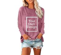 Personalised Womens Shirt Custom Print Design Your Own Add Text Photo Logo Long Sleeve Top Casual Cotton Blend Blouse Crew Neck Customised Ladies Workwear Pink