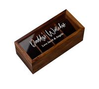 Personalised Wood and Glass Watch Box with 4 Cushioned Slots, Brown, Gold Detailing