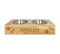 Personalised Wood Raised Double Dog Bowl | Custom Engraved with Pet Name, Bone & Paw Print Motif | Elevated Feeder Stand for Small & Medium Breeds | W 35.5cm x D 16.5cm x H 7cm