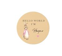 Personalised Wooden Baby Announcement Disc - Bunny Hello World Plaque - 10cm Round Newborn Name Sign, Pink Rabbit Nursery Decor, Baby Photo Prop, New Baby Gift