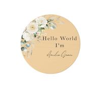 Personalised Wooden Baby Announcement Disc - Floral Hello World Plaque - 10cm Round Newborn Name Sign, White Floral Nursery Decor, Baby Photo Prop, New Baby Gift