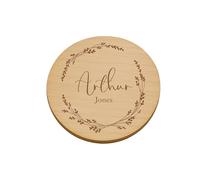 Personalised Wooden Baby Name Disc 10cm - Botanical Wreath Name Plaque - Newborn Photo Prop - Neutral Nursery Keepsake Gift