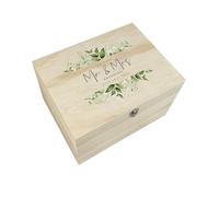Personalised Wooden Botanical Keepsake Memory Box | Custom Gift | Personalised Venue, Names, Surname & Date | Perfect Wedding Day Gift | Green Foliage Design | W36 x D27 x H20cm