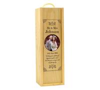 Personalised Wooden Champagne Box Wedding Engraved Gift Mr Mrs Photo Printed Vintage Couple Rustic Rope Handle Lid