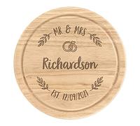Personalised Wooden Chopping Cheese Board Round 25cm Custom Name Mr & Mrs Wreath Wedding