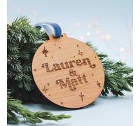 Personalised Wooden Christmas Bauble, Couple Names Decoration with Velvet Ribbon, Star Design