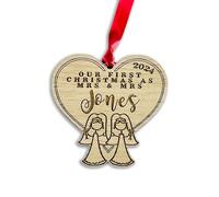 Personalised Wooden Couple First Christmas as Mrs & Mrs - Cute Wedding Present for Lesbian LGBT Brides!