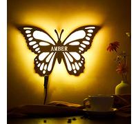Personalised Wooden Cute Butterfly LED Lamp with Name Decor Night Light with 16 Colors Remote Control Customised Natural Wall Sconce Acrylic Engraved Wooden Wall Lamp for Kids Girl Room Gift