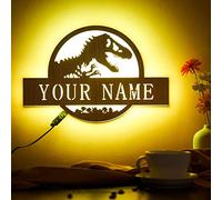 Personalised Wooden Dinosaur LED Lamp with Name Decor Night Light with 16 Colors Remote Control Customised Natural Wall Sconce Acrylic Engraved Wooden Wall Lamp for Kids Room - Best Gift for Boys Men
