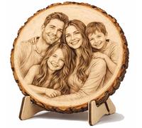 Personalised Wooden Disc with Photo and Desired Text - 3 Sizes from 13 cm - Engraved Tree Disc Made of Alder Wood with Bark - Photo Engraving on Wood - Decoration for Standing or Hanging
