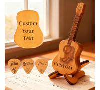 Personalised Wooden Guitar Pick Case with 3 Custom Engraved Picks - Customisable Guitar Picks Mini Storage Box Holder Engraved Name, Band Logo Design for Guitarists Music Gifts (Custom Pick)