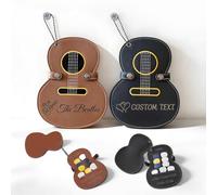 Personalised Wooden Guitar Pick Case with 3 Custom Engraved Picks - Customisable Guitar Picks Mini Storage Box Holder Engraved Name, Band Logo Design for Guitarists Music Gifts (Leather)