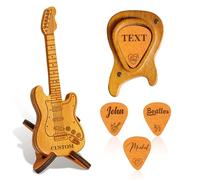 Personalised Wooden Guitar Pick Case with 3 Custom Engraved Picks - Customisable Guitar Picks Mini Storage Box Holder Engraved Name, Band Logo Design for Guitarists Music Gifts (Electric Guitar)