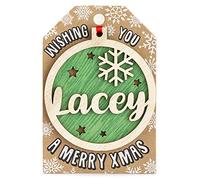 Personalised Wooden Lacey Name Green Hanging Christmas Tree Bauble Decoration