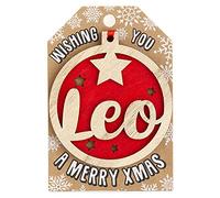 Personalised Wooden Leo Name Red Hanging Christmas Tree Bauble Decoration