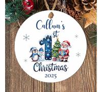 Personalised Wooden or Acrylic Baby's 1st Christmas Hanging Tree Decoration, Xmas Custom Name & Year Bauble, Keepsake New Baby Gifts (Snowman, santa, penguin, MDF Wood - Indoor Use Only)