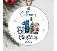 Personalised Wooden or Acrylic Baby's 1st Christmas Hanging Tree Decoration, Xmas Custom Name & Year Bauble, Keepsake New Baby Gifts (Snowman, santa, penguin, Acrylic - Indoor & Outdoor Use)