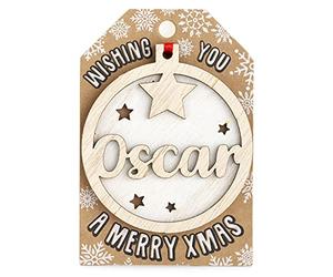 Personalised Wooden Oscar Name White Hanging Christmas Tree Bauble Decoration