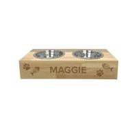 Personalised Wooden Raised Double Cat Bowl Engraved Cat Name Gift
