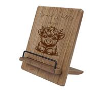 Personalised Wooden Recipe Book Stand, Kitchen Cookbook Holder with Metal Support, 24.1 x 20.1 x 32.5 cm, Any Name, Highland Cow Engraving
