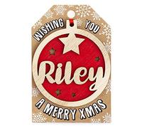 Personalised Wooden Riley Name Red Hanging Christmas Tree Bauble Decoration