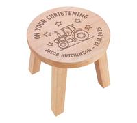 Personalised Wooden Stool Tractor On Your Christening, Step Table Solid Wood Toddler Seat, Nursery Gift | 25cm X 25cm (COMES PRE-ASSEMBLED)