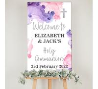 Personalised Wooden Watercolour Christening Board - 9 Colour Options, Custom Name & Date for Holy Communion or Confirmation Day (Purple & Pink, Holy Communion)
