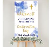 Personalised Wooden Watercolour Christening Board - 9 Colour Options, Custom Name & Date for Holy Communion or Confirmation Day (Blue, Confirmation)