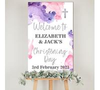 Personalised Wooden Watercolour Christening Board - 9 Colour Options, Custom Name & Date for Holy Communion or Confirmation Day (Purple & Pink, Christening)