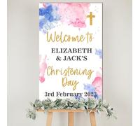 Personalised Wooden Watercolour Christening Board - 9 Colour Options, Custom Name & Date for Holy Communion or Confirmation Day (Blue & Pink, Christening)